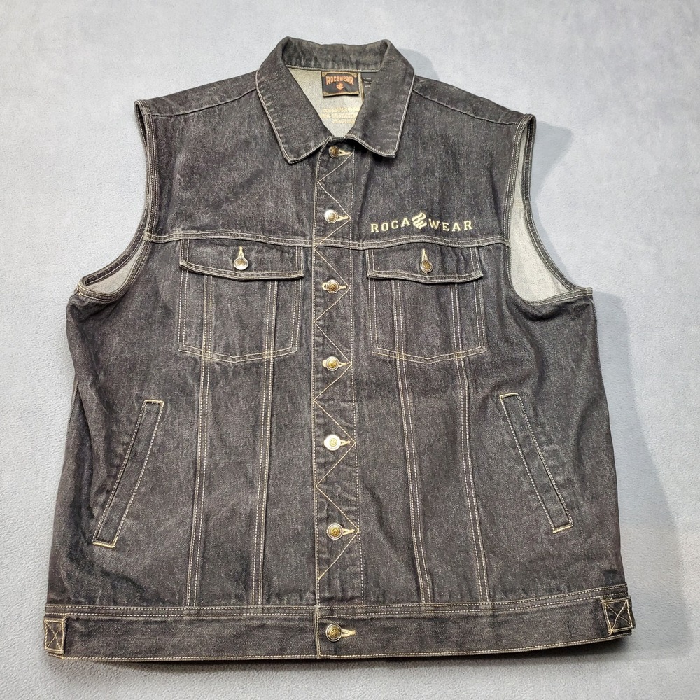 Rocawear Vest Jacket Mens 2XL Black Denim Vintage 90s Hip Hop Y2K Leather Patch